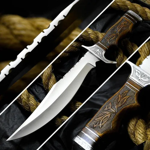 Vista 2 de 2a's Knives Cuchillo Bowie de acero D2 hecho a mano con funda, este cuchillo de corte tiene mango de madera grabado a mano.