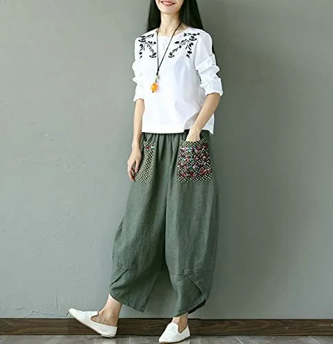 Vista 4 de Hwayslon Pantalones holgados de lino de pierna ancha para mujer, estilo casual, con retazos, cintura elástica, pantalones Harlan, talla M, XXL