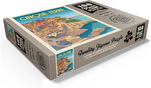 Vista 3 de MyPuzzle Italy: Cinque Terre, póster vintage, rompecabezas de 100 piezas para adultos