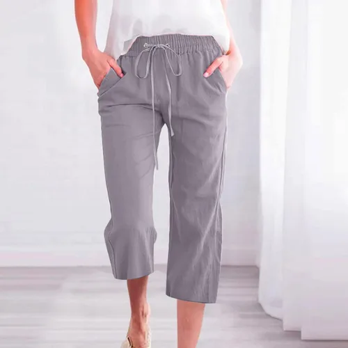 Vista 2 de Ceboyel Pantalones capri para mujer para verano, cintura elástica, pantalones de yoga, con cordón, pantalones de lino, pantalones de entrenamiento