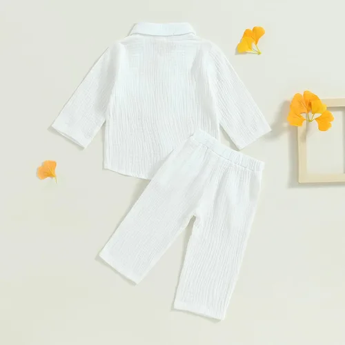 Vista 4 de Conjunto de 2 piezas de ropa de algodón y lino de manga larga con botones y pantalones de cintura elástica para bebé niño y niña