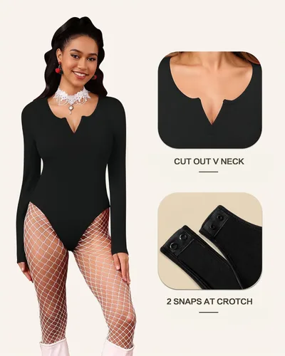 Vista 4 de MANGOPOP Body de manga larga para mujer con cuello en V recortado, leotardo para salir, ajustado