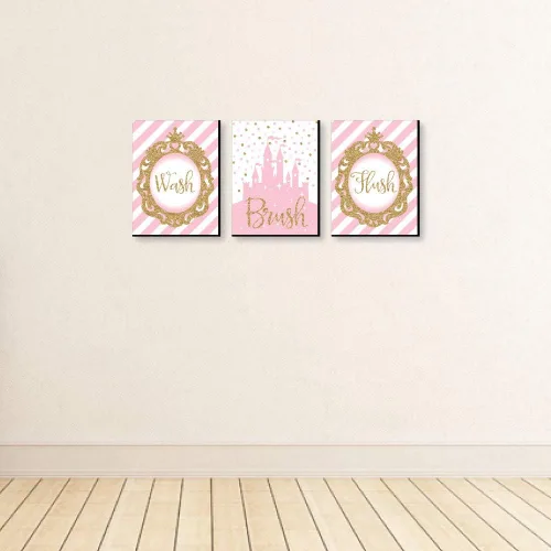 Vista 3 de Big Dot of Happiness Little Princess Crown - Arte de pared con reglas de baño para niños, 7.5 x 10 pulgadas, juego de 3 letreros, lavado, cepillo