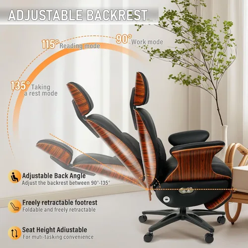 Vista 4 de Silla de oficina ergonómica de cuero, reclinable/reposapiés Negro