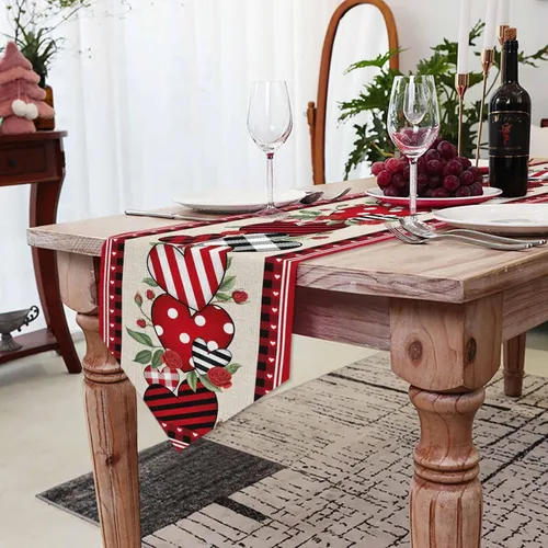 Vista 2 de Camino de mesa de corazón de amor para el día de San Valentín, camino de mesa de arpillera antideslizante, decoración retro de lino para casa