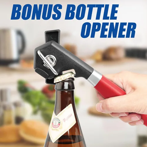Vista 6 de PrinChef Abrelatas de seguridad con borde liso, abridor de botellas integrado, manual de abrelatas a prueba de óxido, con hoja afilada, abrelatas