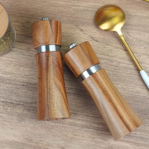 Vista 3 de Juego de 2 molinillo de madera para sal y pimienta, funciona a mano, recargable con núcleo de cerámica/acero inoxidable