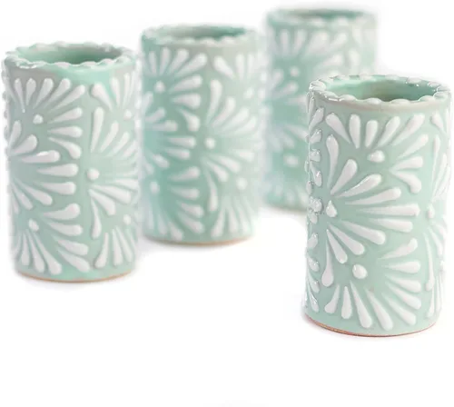 Vista 23 de Juego de 4 vasos de chupito Talavera auténticos mexicanos para tequila - Pintados a mano - 2 Oz (Corazón Azul)