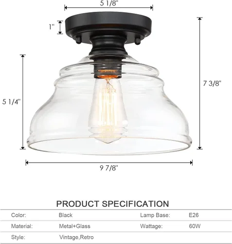 Vista 3 de MEXO Lámpara de Techo Industrial Semi-empotrada, Luminaria Moderna de Vidrio Transparente Estilo Casa de Campo de 10" Luces de Techo Cercanas al