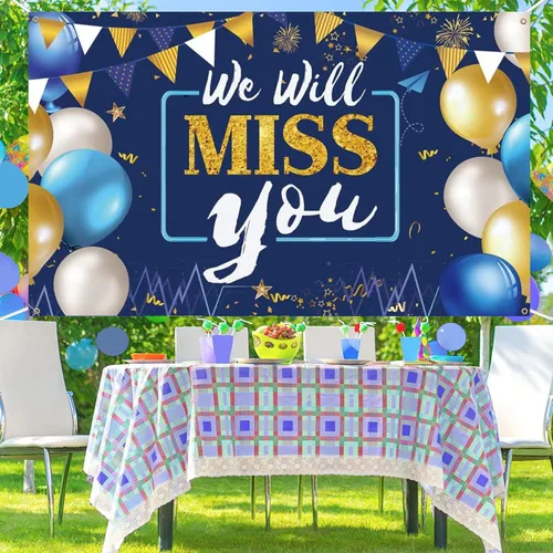 Vista 3 de Decoraciones de fiesta con texto en inglés "We Will Miss You", pancarta de fondo para fiesta de jubilación, pancarta de despedida de oficina, fiesta