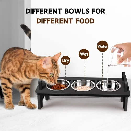 Vista 5 de Tazón Elevado de Bambú para Comida de Gatos, 3 Cuencos Elevados de Acero Inoxidable para Gatos con Soporte, Cuenco Inclinado 15° para Perros