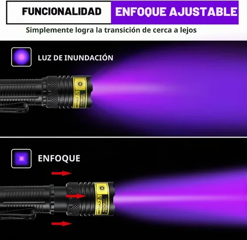 Vista 4 de DARKDAWN Linterna UV de 365 y 395 nm, luz negra, mini USB, recargable, LED ultravioleta blacklight, lámpara Woods, detector portátil fluorescente