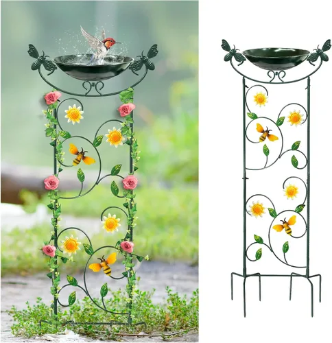 Vista 11 de HONGLAND Baño de metal para pájaros de 36.5 pulgadas con enrejado, baño para pájaros de jardín al aire libre con cuenco desmontable y soporte