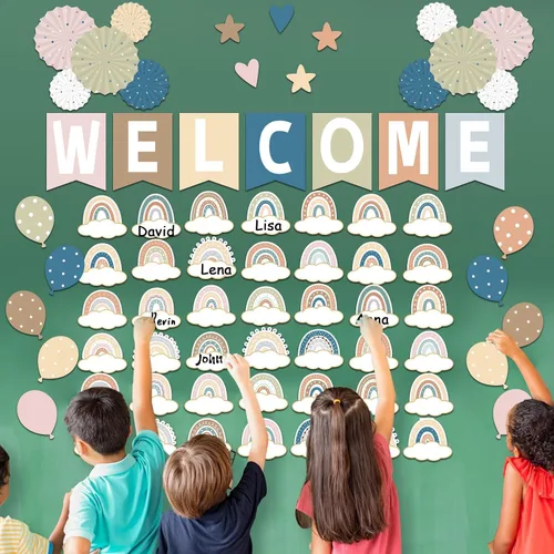 Vista 4 de Juego de 67 tablones de anuncios de bienvenida Simply Boho para aula, tablero de anuncios de arcoíris, decoración de aula, abanicos de papel