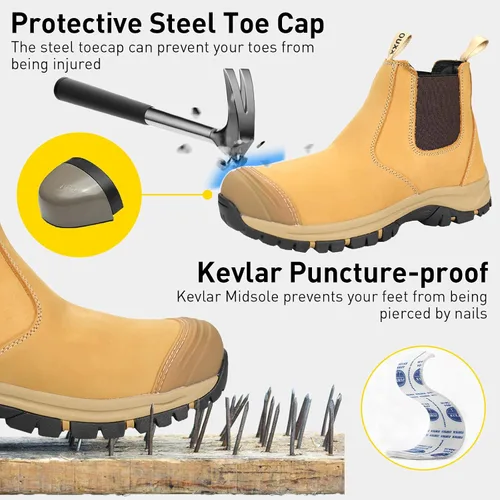 Vista 2 de OUXX Botas de trabajo Chelsea con punta de acero para hombre, botas de seguridad sin cordones, cuero impermeable, suela antideslizante, entresuela