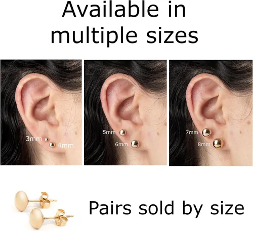 Vista 5 de 14k Solid Gold Flat Ball Stud Earrings for Women Modern Button-Style Studs with Butterfly Backs Hypoallergenic & Tarnish-Resistant Sizes 3mm to