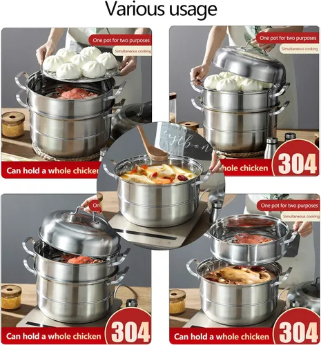 Vista 2 de Olla de vapor de acero inoxidable 304 – Vaporizador de alimentos de 5 niveles de 12.8 pulgadas con tapa para verduras, mariscos, pastas, utensilios