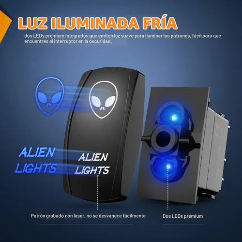 Vista 4 de Nilight Alien Lights interruptor basculante con barra de luz LED de 5 pines; láser de encendido/apagado; interruptores SPST 20 A/12 V, 10 A/24 V