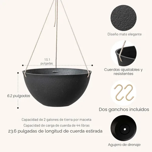 Vista 2 de La Jolie Muse - Macetas colgantes para plantas al aire libre, maceta colgante grande con agujeros de drenaje, macetas colgantes negras para flores