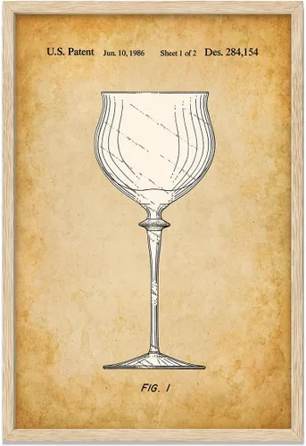 Vista 3 de Vintage Wine Glass Patent Drawing 1986 Stemware Illustration Antique Parchment Artwork Oak Frame Ready Hang for Home Bar Kitchen Dining Room Wine