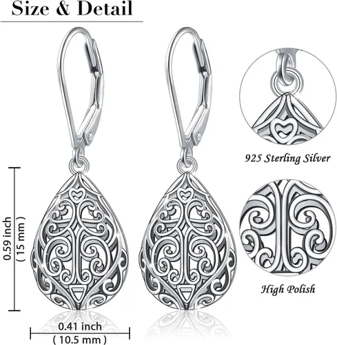 Vista 9 de Aretes colgantes de filigrana de plata de ley 925, margarita, loto, flor de rosa, piedra lunar, lágrima para mujer, nudo celta infinito, margarita