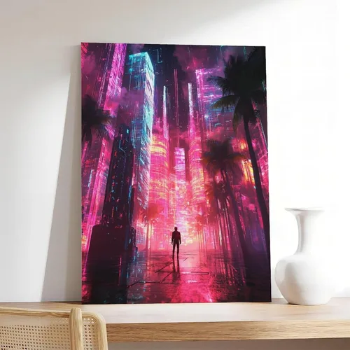 Vista 7 de XAHOR Póster estético Vaporwave - Impresión artística retro Cyberpunk con ciudad neón y palmeras, lienzo decorativo y arte de pared, póster moderno