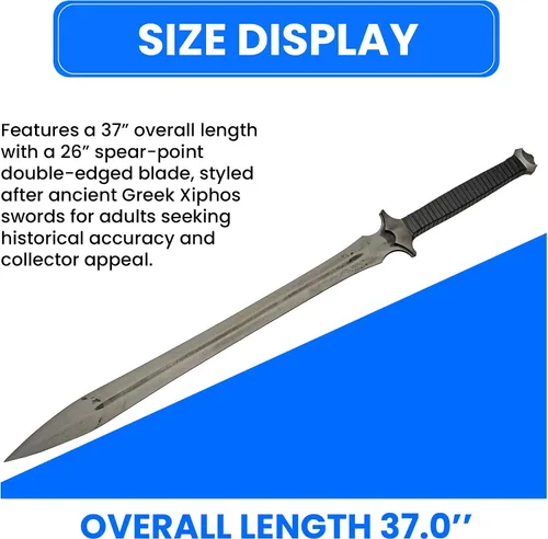 Vista 2 de SZCO espada Xiphos oscura de 37” – Espada medieval réplica de doble filo completa con vaina de cuero, hoja de acero con manganeso, mango envuelto