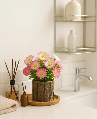 Vista 7 de AceList Juego de 2 flores artificiales, decoración rústica de granja para estante de baño, escritorio de oficina, pequeñas plantas en maceta de Rosa