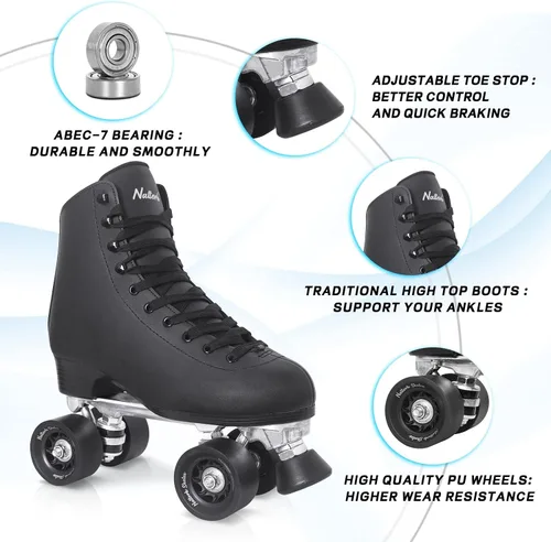Vista 4 de Nattork - Patines de ruedas para mujer, de piel sintética de alta calidad, patines de cuatro ruedas, patines de doble fila para principiantes