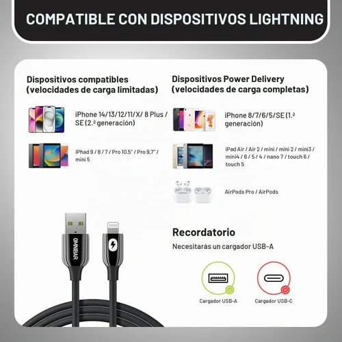 Vista 6 de Cable USB A a Lightning de 1.8 m, cable cargador Lightning para iPhone certificado MFi, cable cargador de iPhone de nylon trenzado para Apple