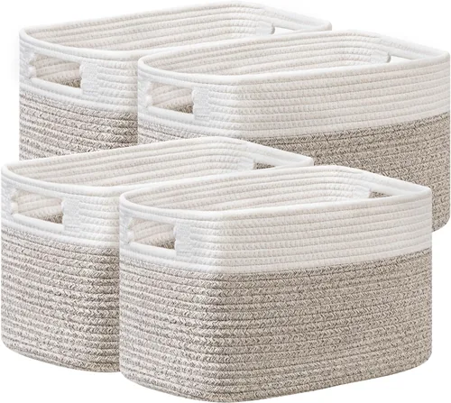 Vista 12 de Paquete de 4 cestas de almacenamiento para organizar, cestas tejidas para estantes, color beige