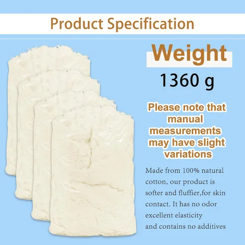 Vista 2 de Relleno de algodón natural de 3 libras, fibra de bateo cruda, algodón peinado para almohada, sofá, muñecas, relleno de algodón blanco para animales