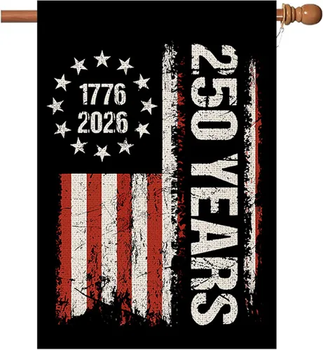 Vista 8 de Bandera de jardín de 250 años de América, Bendiciones 250° aniversario USA Bandera patriótica doble cara con diseño de estrellas y rayas