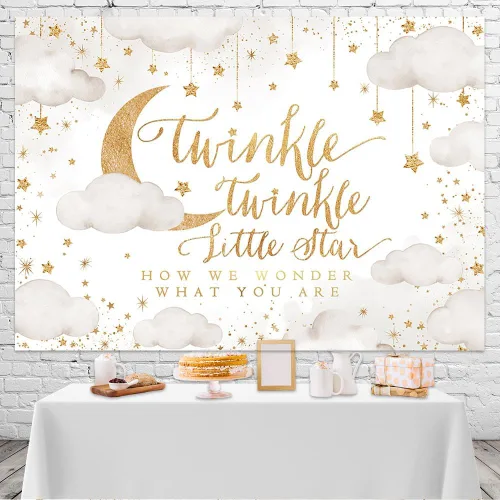 Vista 2 de Mocsicka Twinkle Twinkle Little Star - Telón de fondo beige para revelación de género para fiesta de niño o niña, decoración de nube y luna, baby