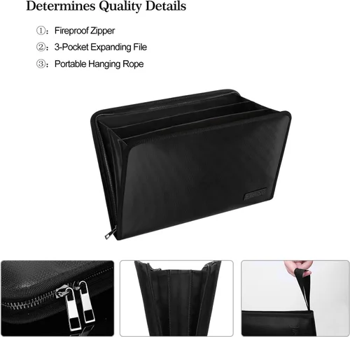 Vista 3 de Carpeta de archivos expansible, organizador de documentos importante, bolsa de documentos ignífuga e impermeable con tamaño A4, 3 bolsillos, cierre
