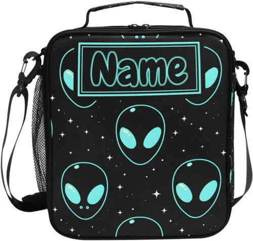 Vista 36 de Lonchera con patrón de cuadros blancos y negros, bolsa de almuerzo aislada, bolsa de preparación para niños, correa de hombro congelable a001