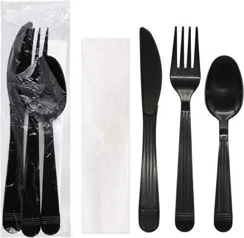 Vista 10 de Party Essentials Juego de utensilios de plástico negro envueltos individualmente/paquetes de cubiertos resistentes