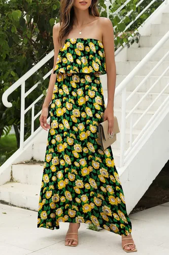 Vista 2 de ZMPSIISA - Vestido largo de verano con hombros descubiertos para mujer vestido largo sin tirantes con volantes color azul y blanco estilo bohemio