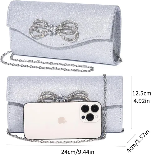Vista 4 de DETARA Bolso de noche para mujer, con lazo de cristal brillante, con solapa, bolso de mano para mujer, boda, fiesta, baile de graduación