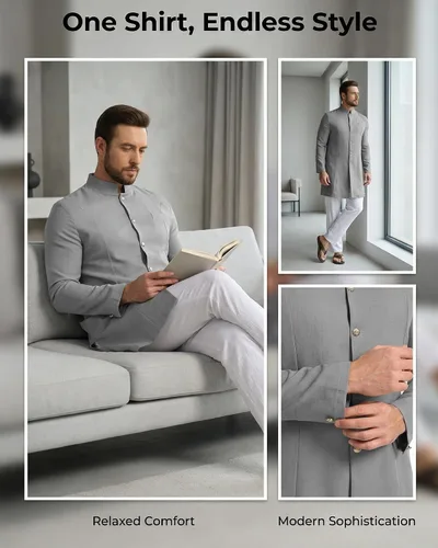 Vista 4 de YAOHUOLE Abrigos Kurta para hombre, trajes étnicos indios reales Jubba Thobe para hombres Gris