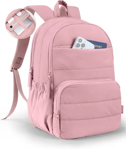 Vista 10 de Mochila de viaje Uselike para mujeres, mochila para portátil de 15.6 pulgadas, mochila universitaria acolchada, mochilas de trabajo bonitas, Beige