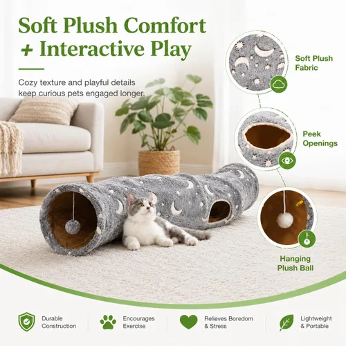Vista 3 de Túnel Tubo para Gatos con Juguetes de Pelotas de Felpa Plegable Auto-Luminoso Fotoluminiscencia, para Mascotas Pequeñas Conejitos Conejos, Gatitos