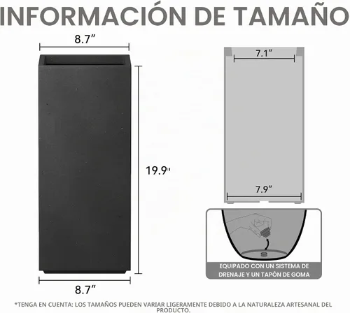 Vista 2 de Kante Maceta rectangular de hormigón de 20.3 pulgadas de alto, moderna maceta de diámetro cuadrado con orificio de drenaje y tapón de goma