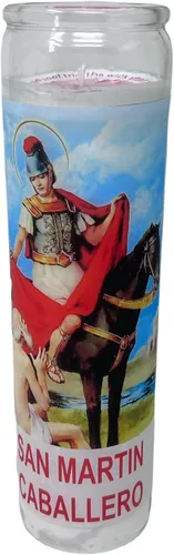 Vista 8 de Veladora de rezo San Martín Caballero oración al reverso en español para problemas económicos 14 oz vaso grande una pieza Blanca sin esencia