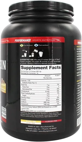 Vista 2 de Olympian Labs Polvo aislado de proteína de res, 0.85 oz de proteína, libre de BST, 0.07 oz de BCAA's, aminoácidos de construcción muscular, 1 libra