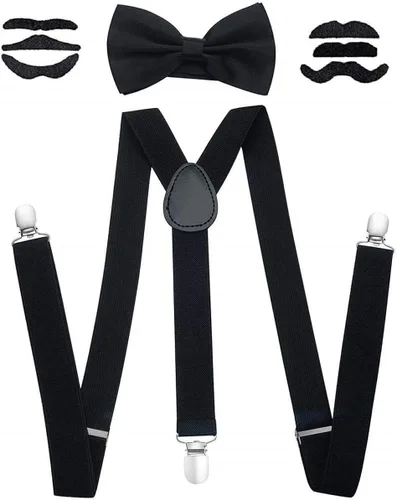 Vista 3 de Conjunto de accesorios de disfraz para hombre de los años 20 Gatsby Gangster Gangster, tirantes traseros en Y, corbatín, reloj, barba