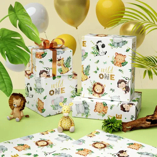 Vista 5 de WERNNSAI Papel de Regalo de Animales - 6 Hojas 27.5"x 19.7" Papel de Regalo para Baby Shower Papel de Regalo de Primer Cumpleaños Diseño de Animales