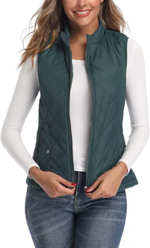 Vista 4 de LONGKING Chaleco de mujer, cuello alto, ligero, con cremallera, acolchado para mujer