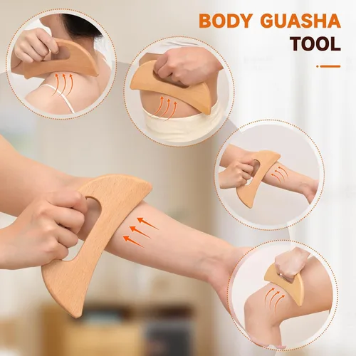 Vista 4 de Herramientas de masaje de terapia de madera 3 en 1, masajeador de drenaje linfático, kit de maderoterapia de madera, masajeador Gua Sha
