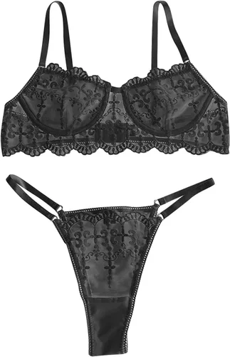 Vista 3 de MELDVDIB Conjunto de lencería de corsé para mujer, sexy, brasier con realce de encaje, tanga floral, ropa interior babydoll para sexo travieso